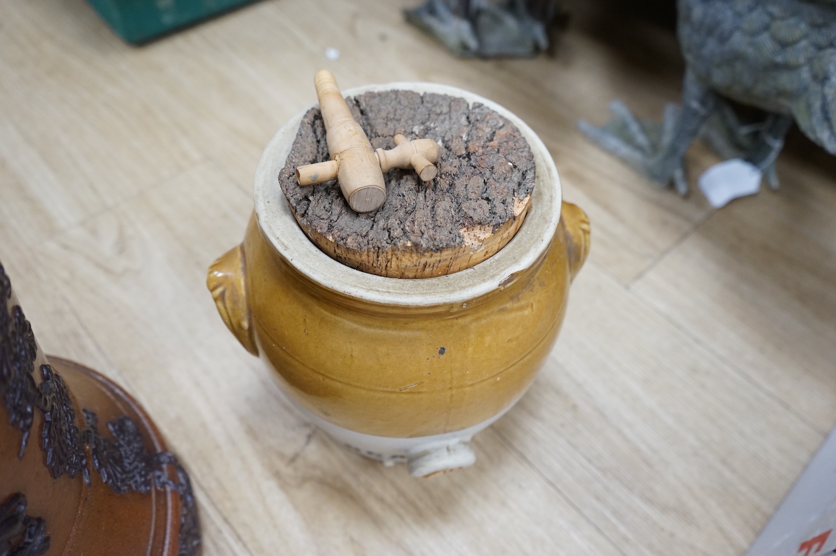 A Victorian salt glazed water filter and a stoneware jar, tallest 48cm